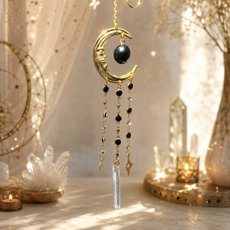 Attrape-Soleil Lune en Obsidienne Noire – 40 cm
