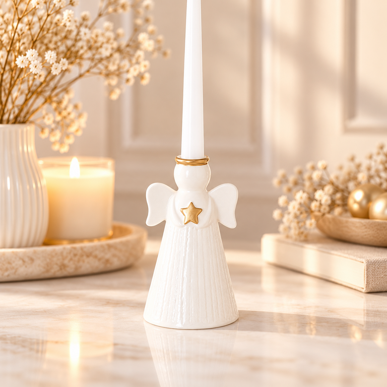 Bougeoir Ange en Céramique Blanche – Étoile Dorée