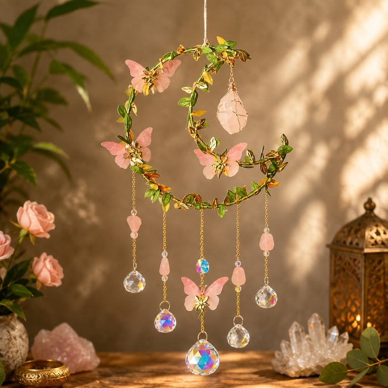 Attrape-Soleil Lune, Papillons & Quartz Rose – 15 cm