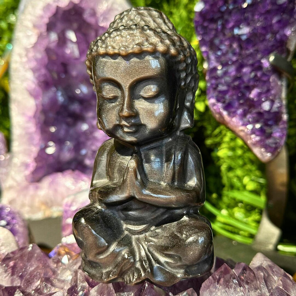 Bouddha en Obsidienne Argentée