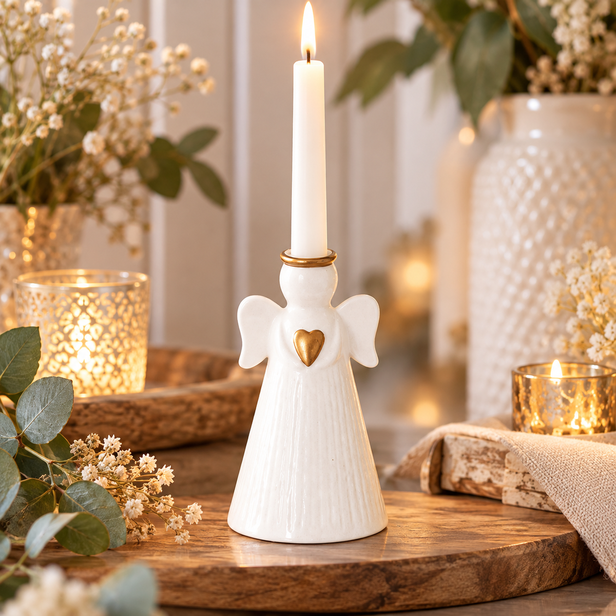 Bougeoir Ange en Céramique Blanche – Cœur Doré