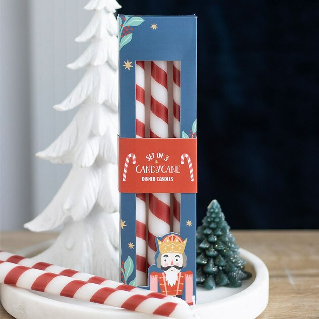 Ensemble de 3 Bougies Effilées Rayures Sucre d’Orge – Ambiance Festive de Noël