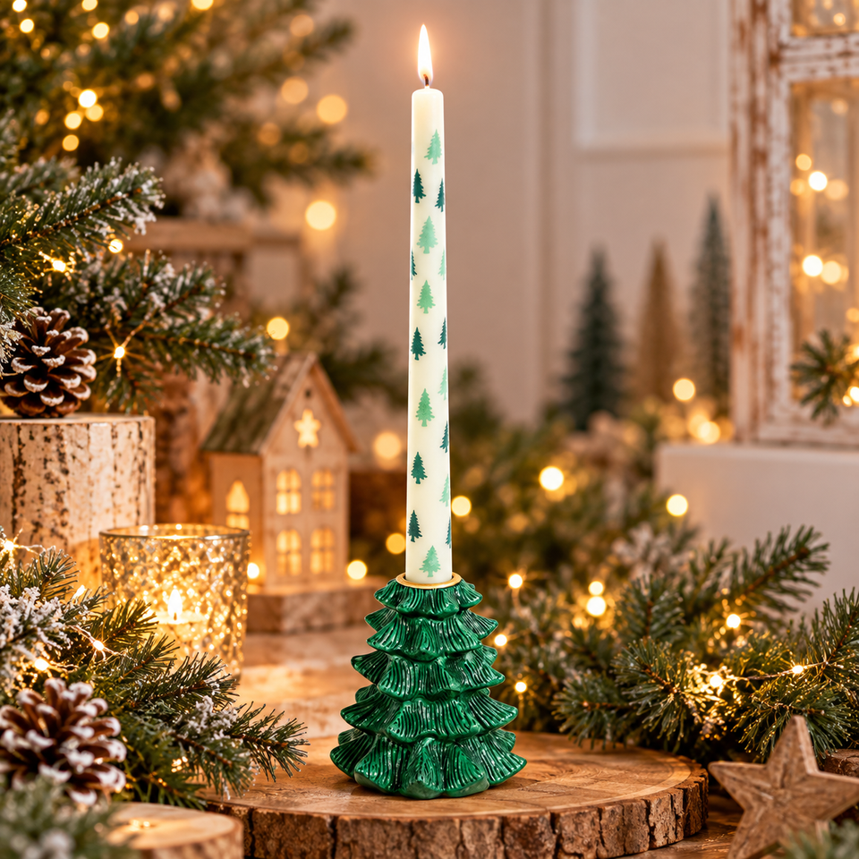 Bougeoir Sapin d’Hiver Vert avec Bougie – Décoration de Noël
