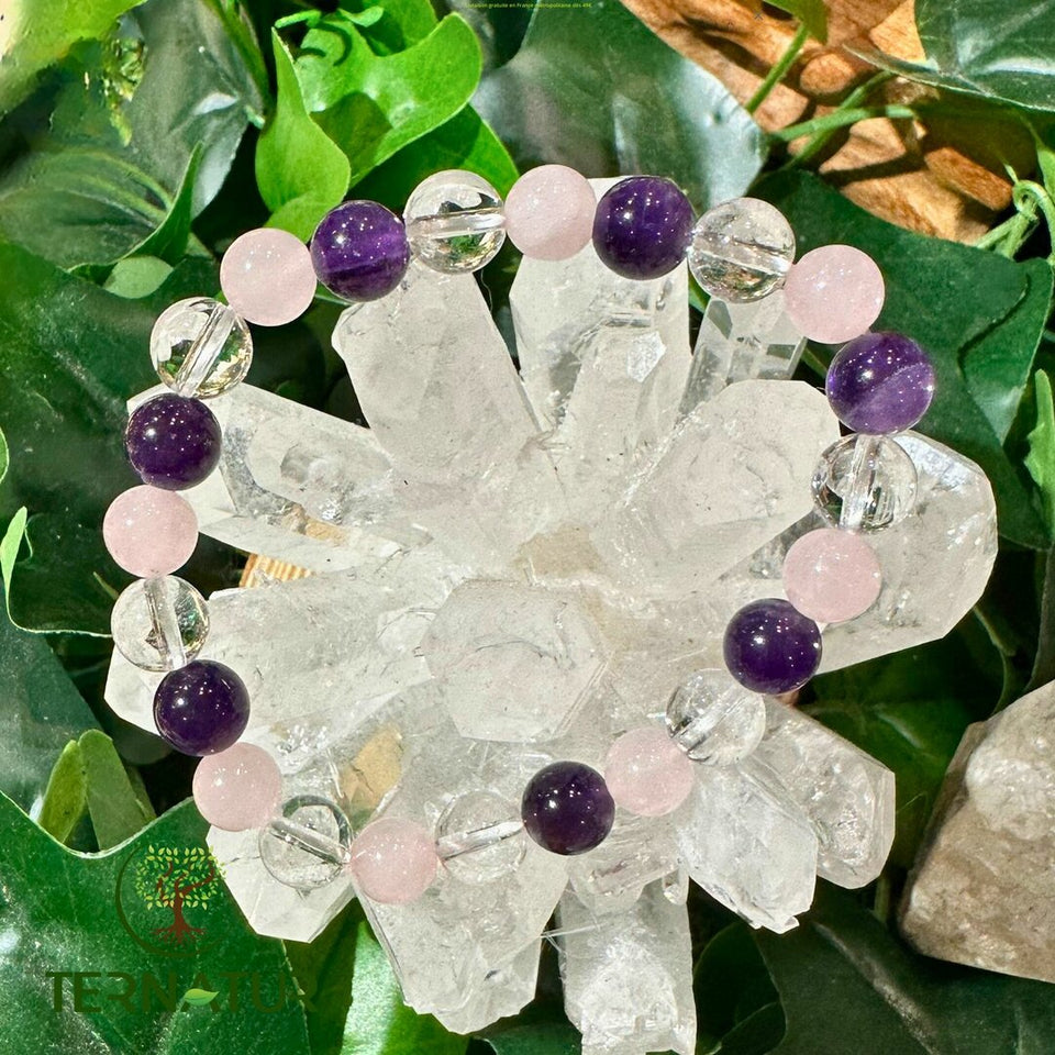 Bracelet "Amour" Améthyste, Cristal de Roche & Quartz Rose - 8mm