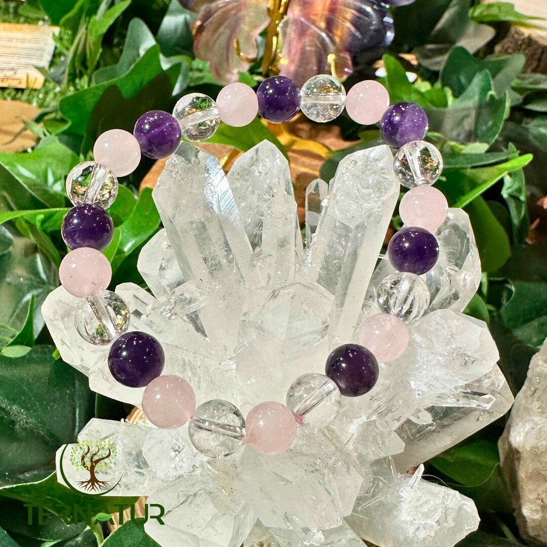 Bracelet "Amour" Améthyste, Cristal de Roche & Quartz Rose - 8mm