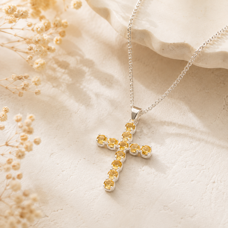 Pendentif Croix en Citrine – Plaqué Argent
