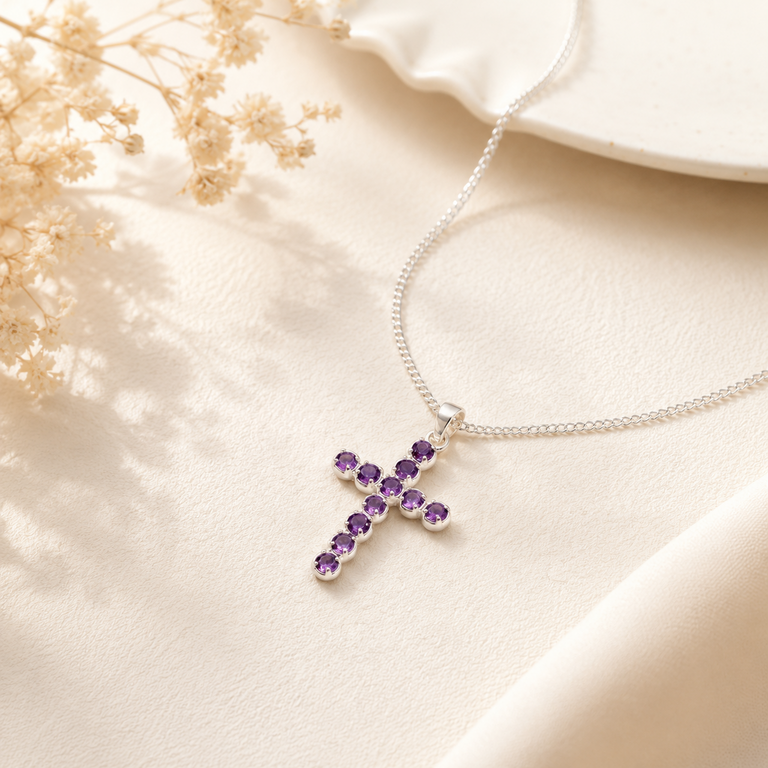 Pendentif Croix en Améthyste – Plaqué Argent