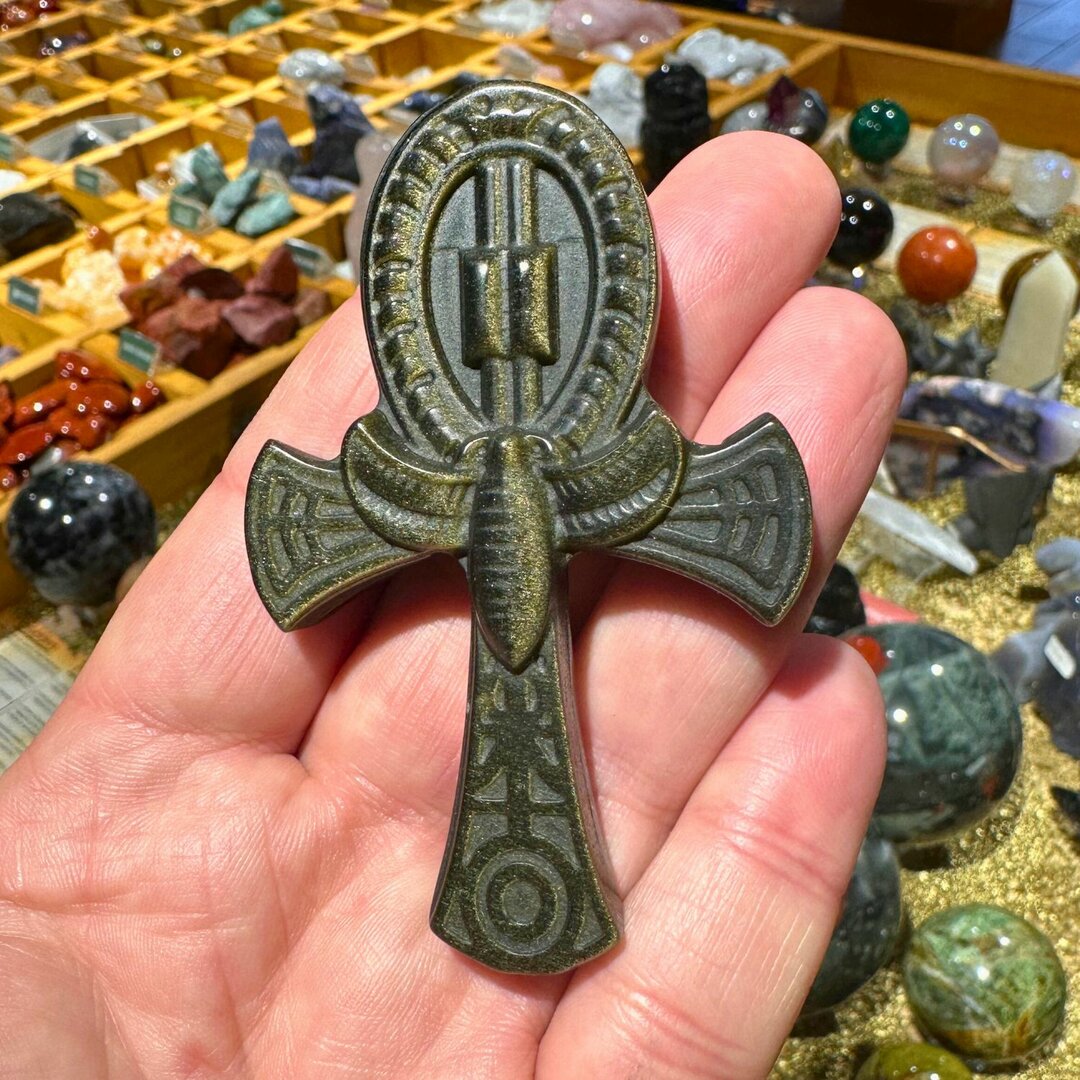 Croix de Ankh en Obsidienne Dorée