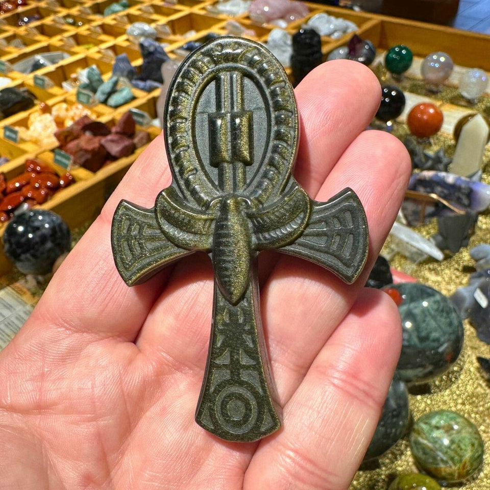 Croix de Ankh en Obsidienne Dorée