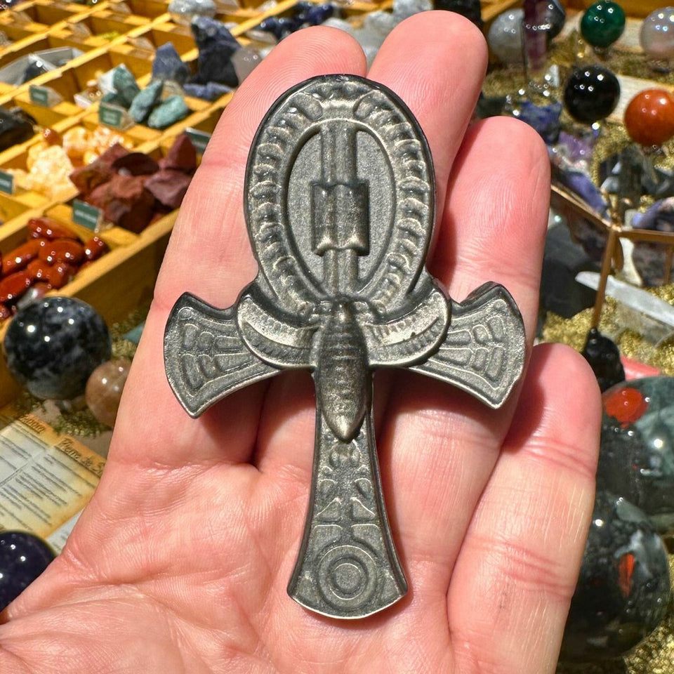 Croix de Ankh en Obsidienne Argentée