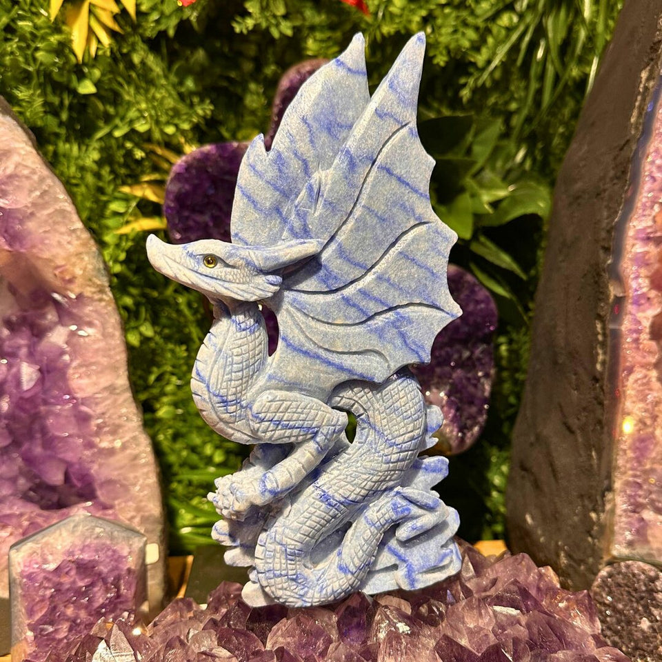 Dragon en Aventurine Bleue – Pièce Exceptionnelle (21 cm x 12 cm)