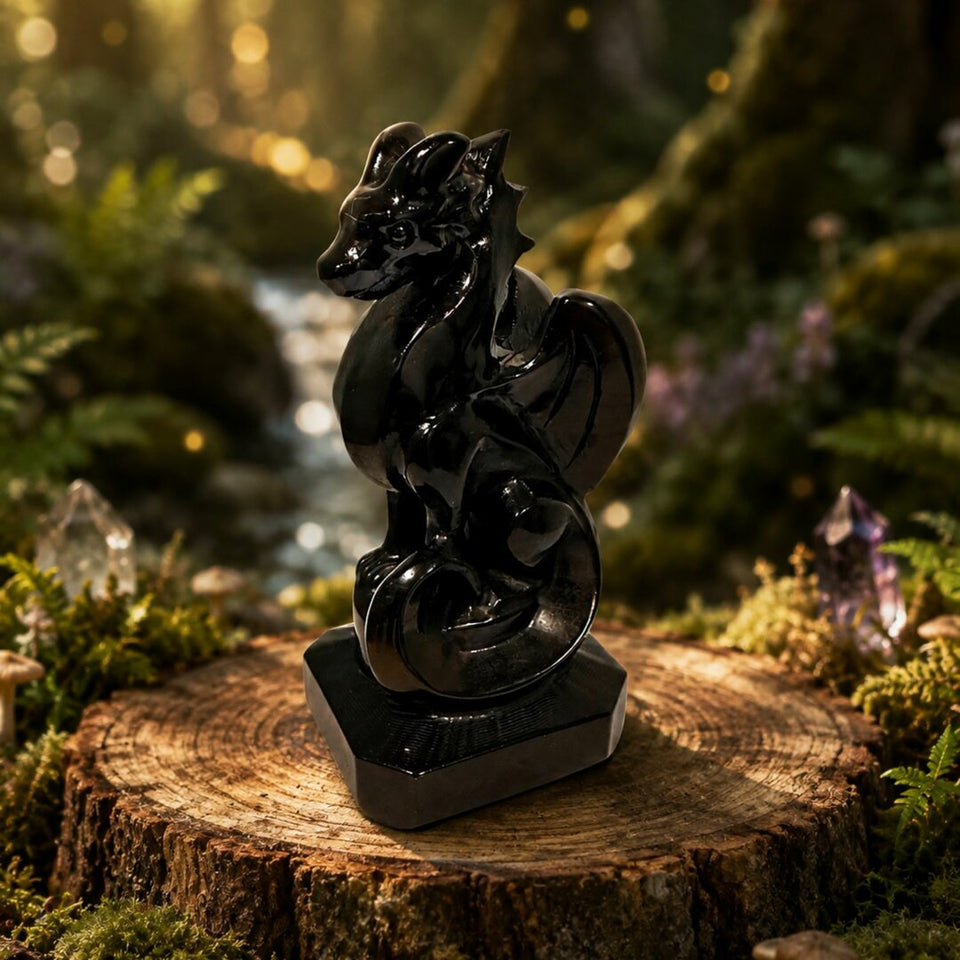 Dragon en Obsidienne Noire - 11cm