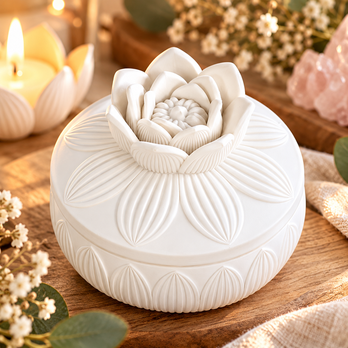 Boîte Fleur de Lotus Blanche – Coffret à Bijoux et Cristaux