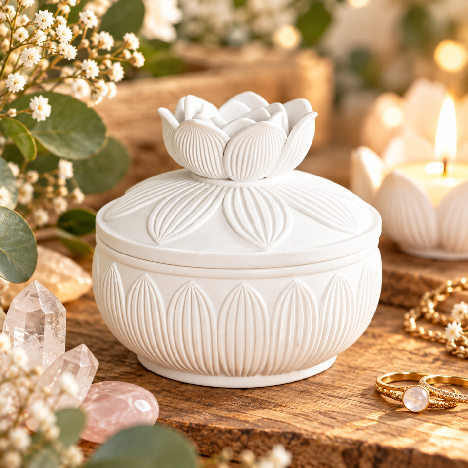 Boîte Fleur de Lotus Blanche – Coffret à Bijoux et Cristaux