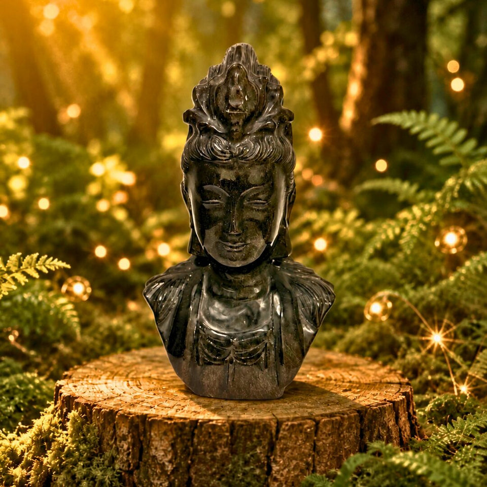 Statuette Guanyin en Obsidienne Dorée 15 cm – Pièce Unique
