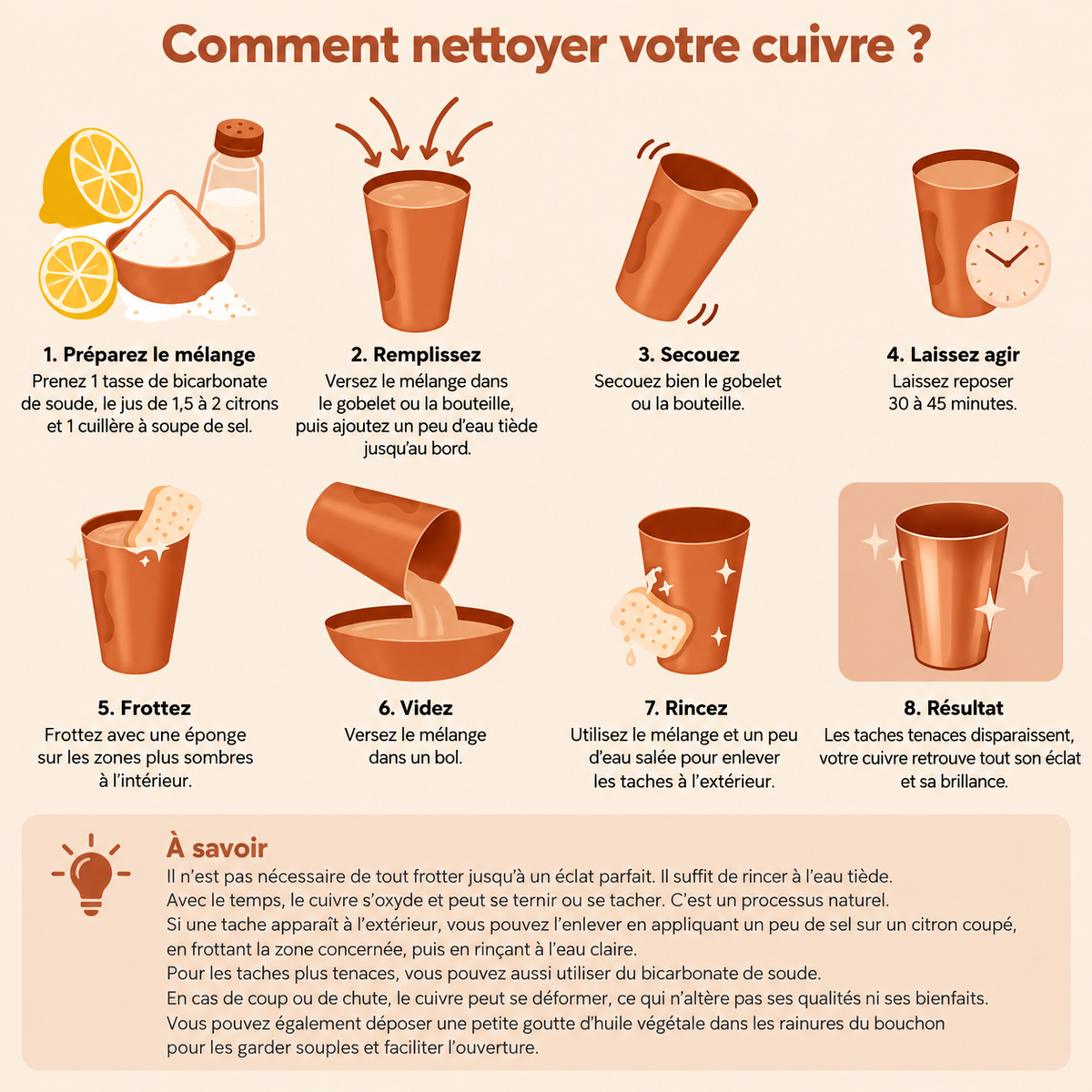 Bouteille d’eau en cuivre pur Fleur de Vie avec poignée – 750 ml