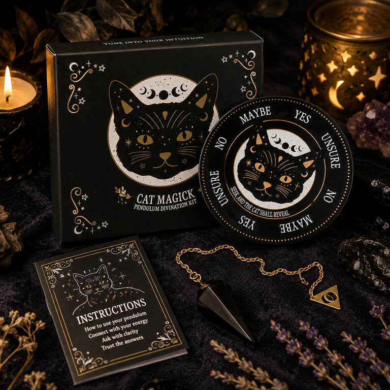 Kit Pendule Chat Mystique – Obsidienne & Planche de Divination