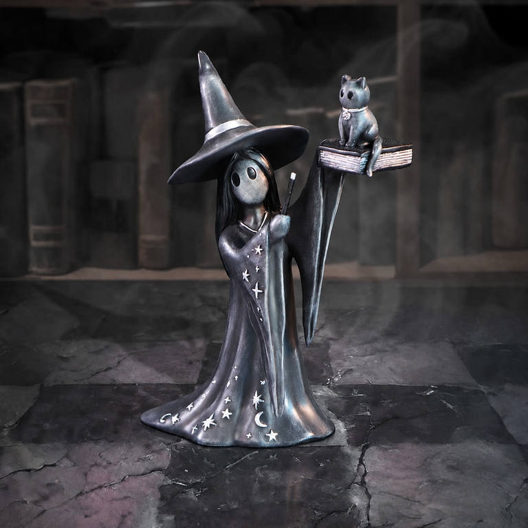 Statuette « Luna et son Familier » – Sorcière au Chat