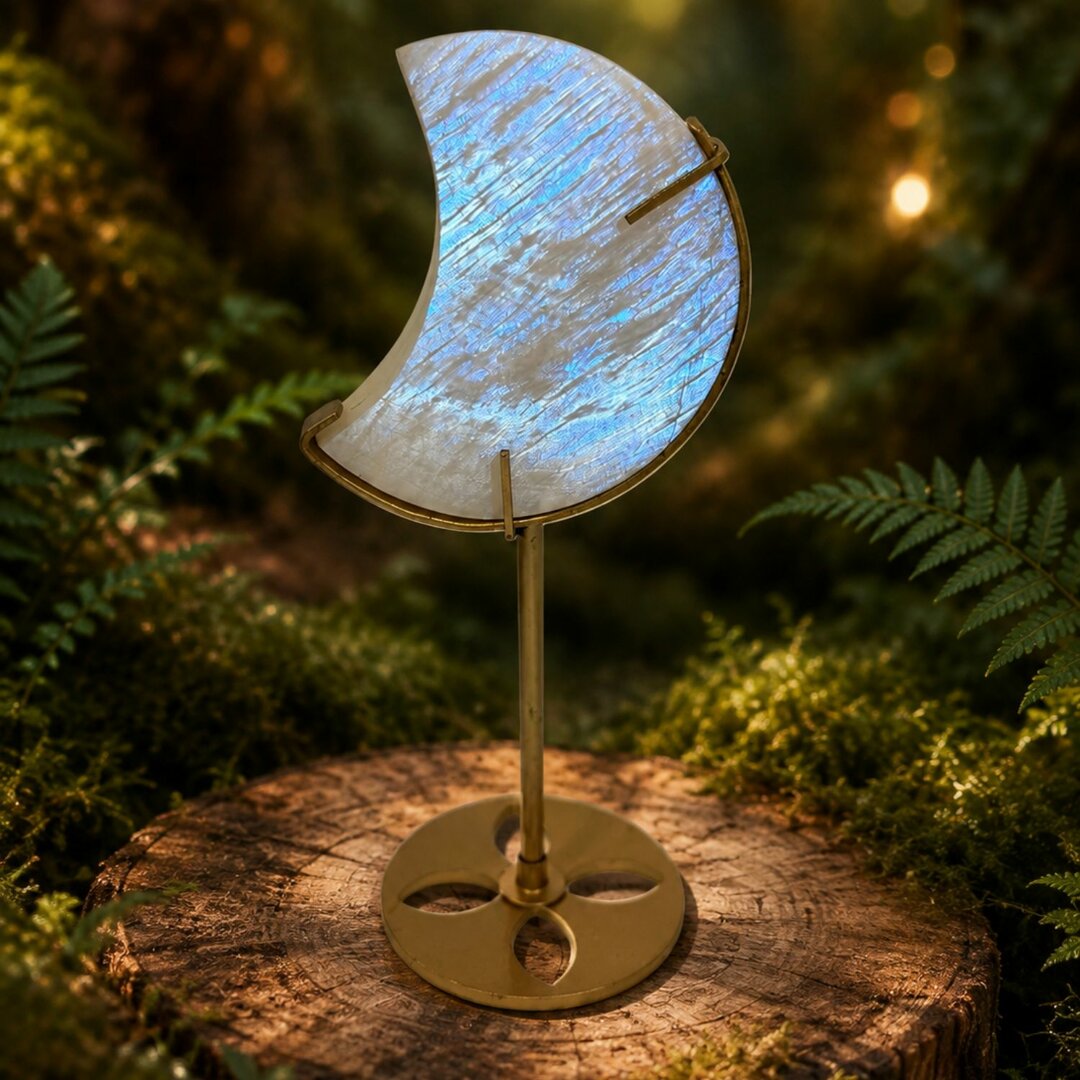 Lune en pierre de lune sur socle doré – 22 cm