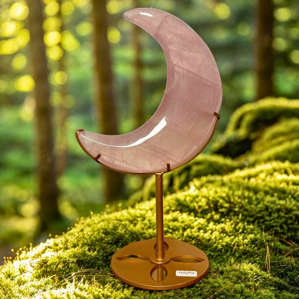 Lune en Quartz Rose – 30 cm sur Socle | Pièce d’Exception