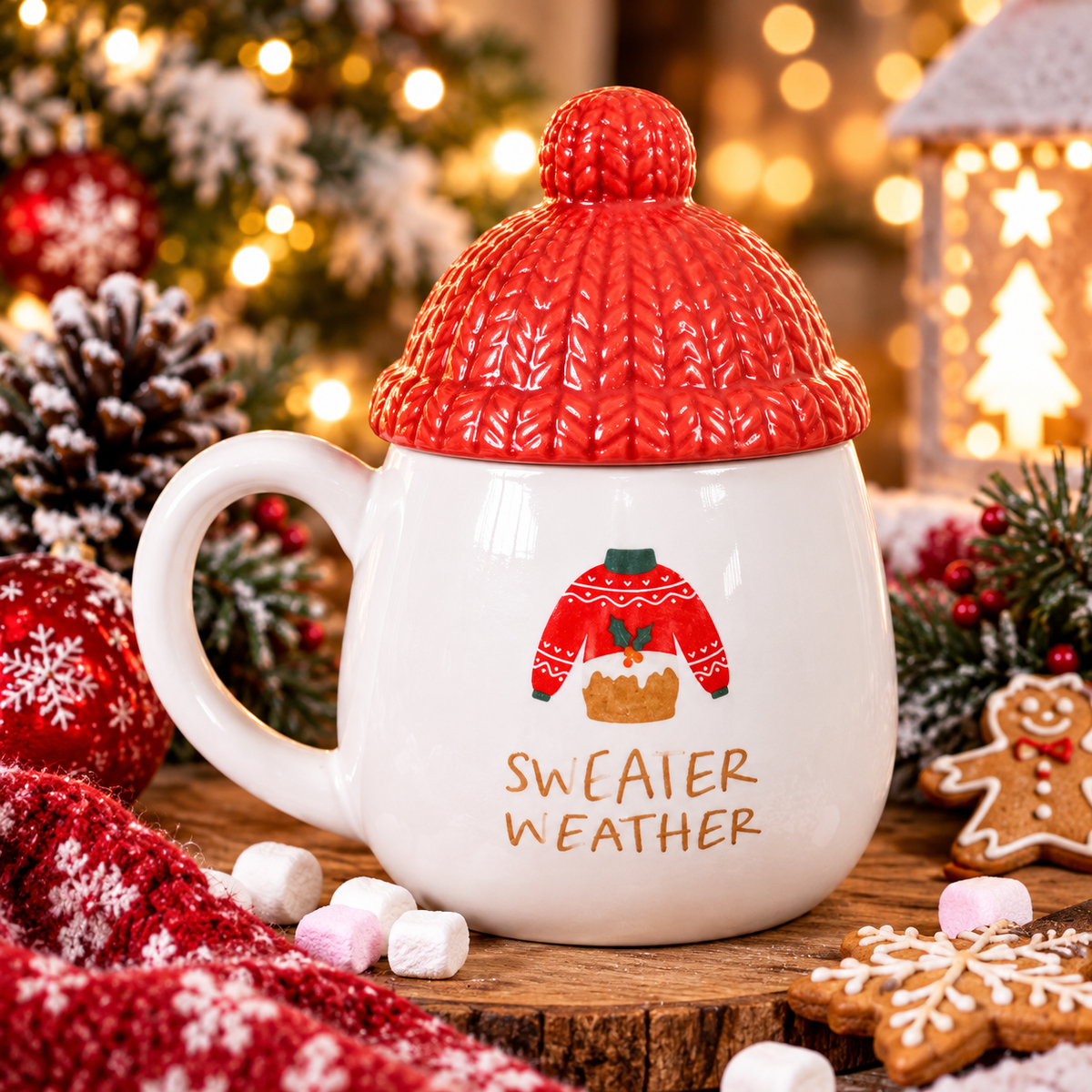 Mug de Noël « Sweater Weather » avec Couvercle Bonnet Rouge