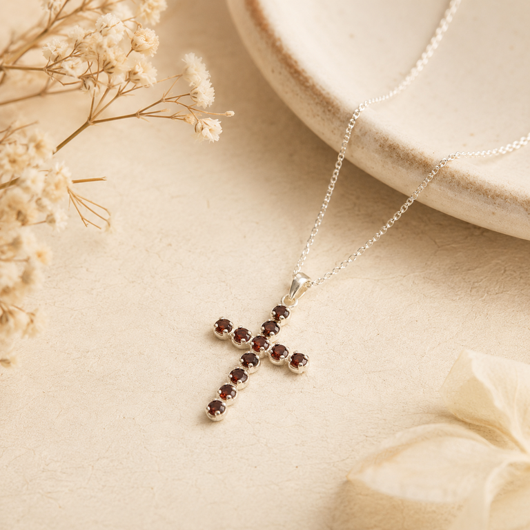 Pendentif Croix en Grenat – Plaqué Argent