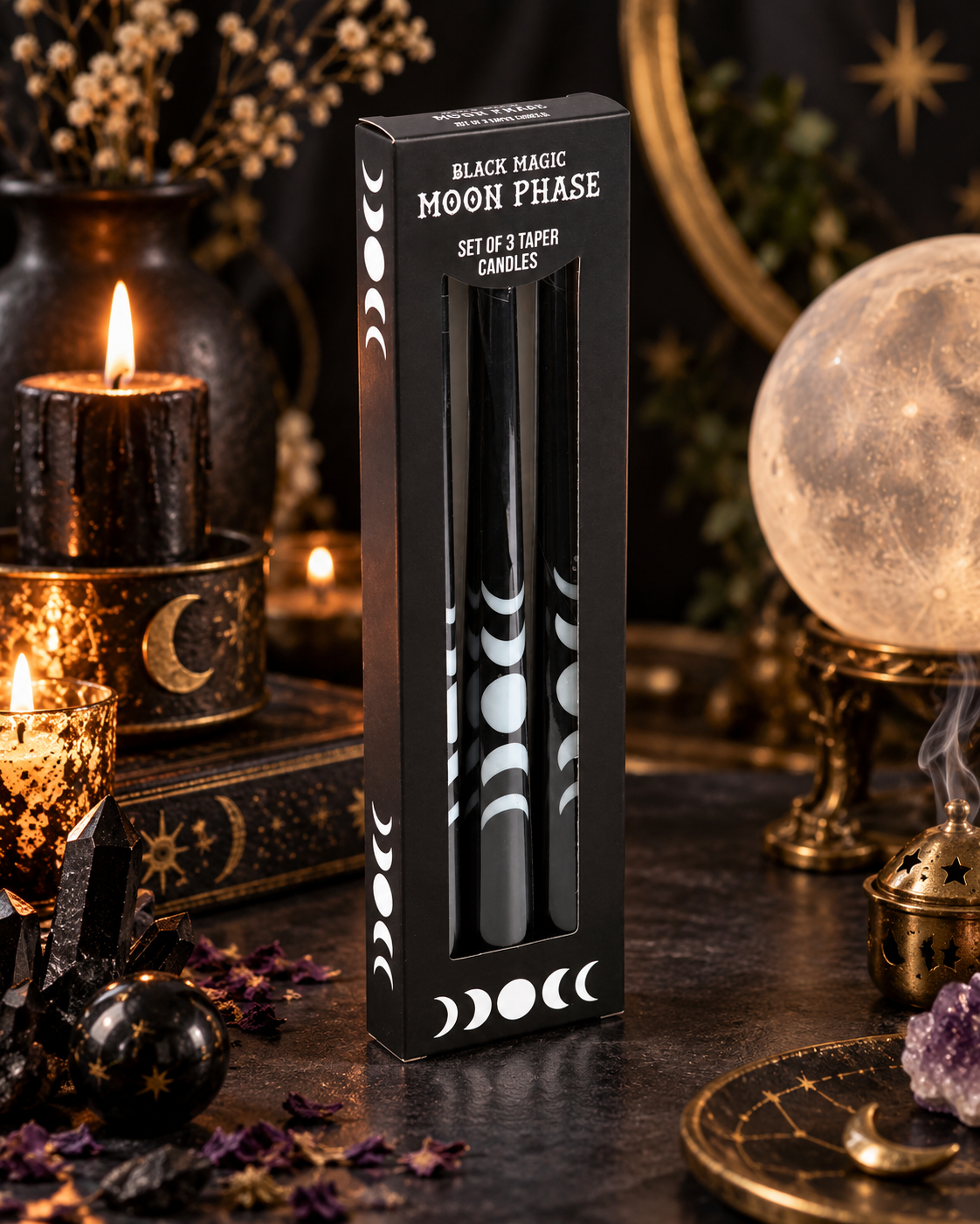 Lot de 3 Bougies Noires Phases de la Lune – 25,5 cm