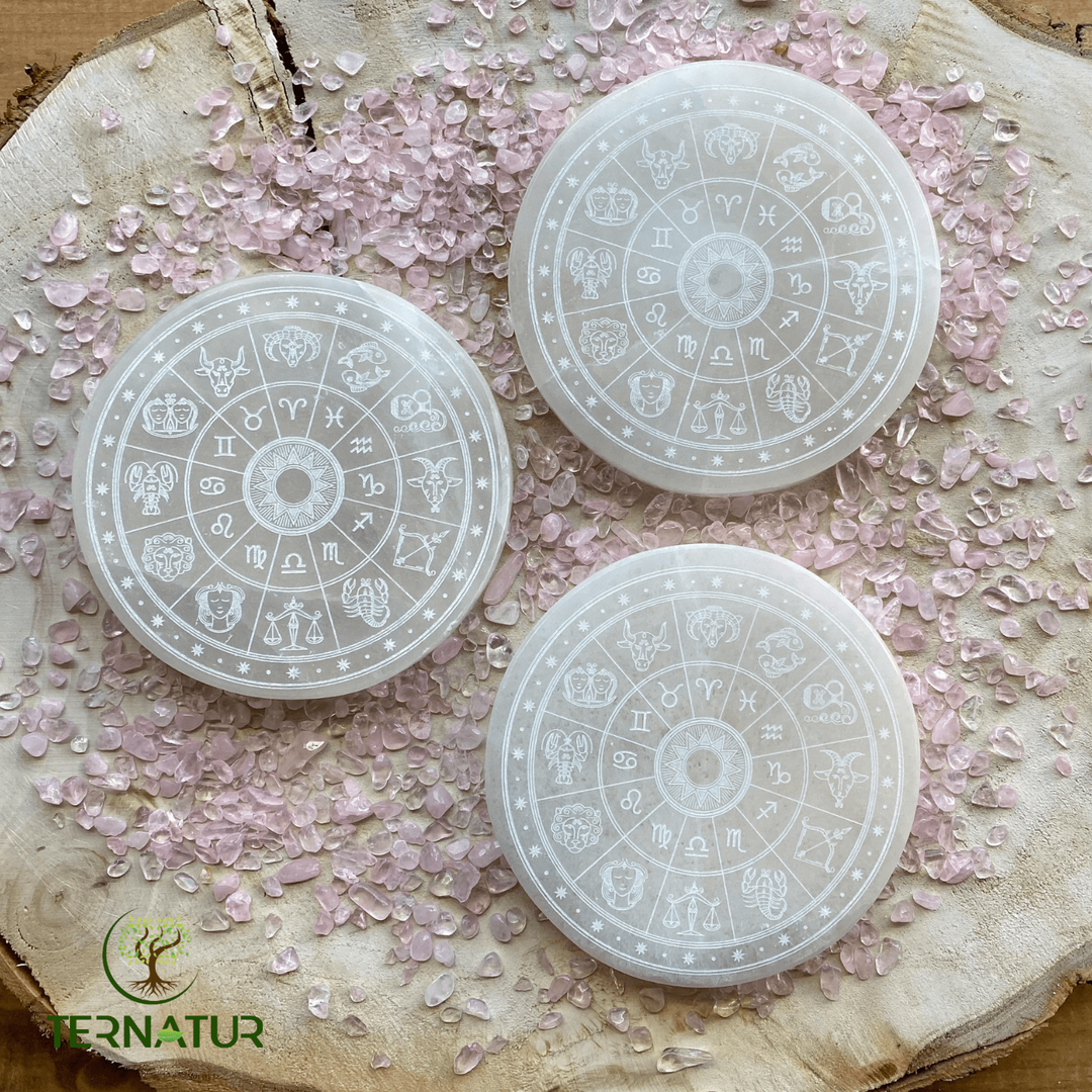 Plaque de rechargement en sélénite roue du zodiaque