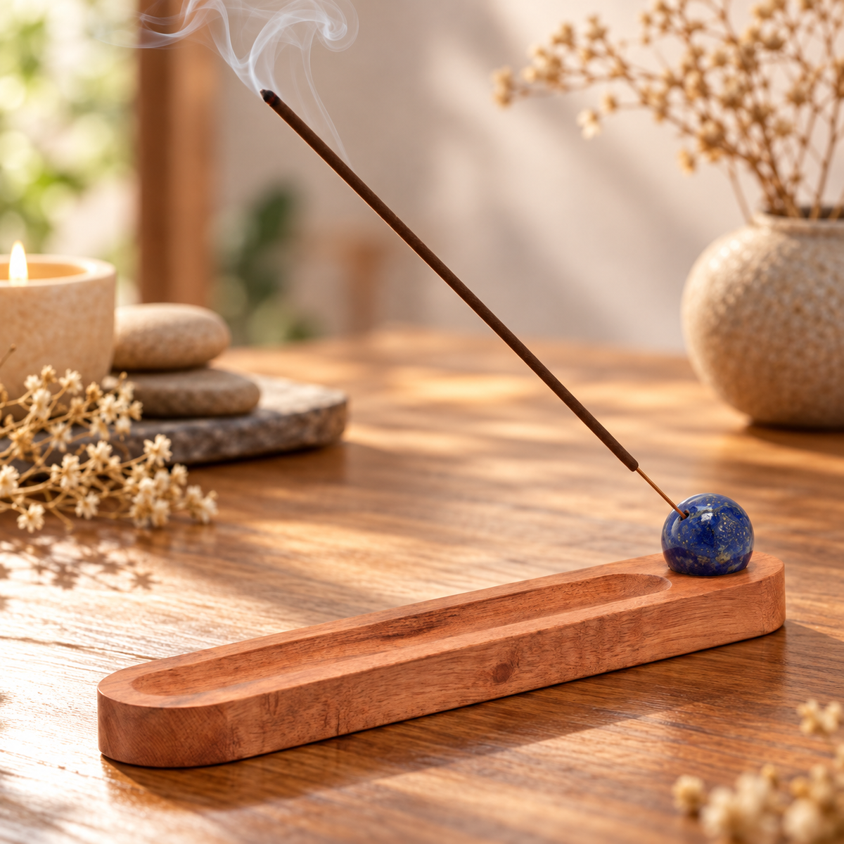 Porte-Encens en Bois Serenity – Sphère en Lapis-Lazuli – 21 cm