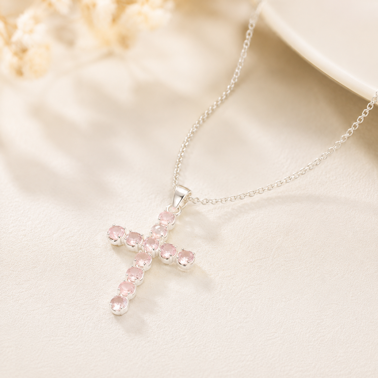 Pendentif Croix en Quartz Rose – Plaqué Argent