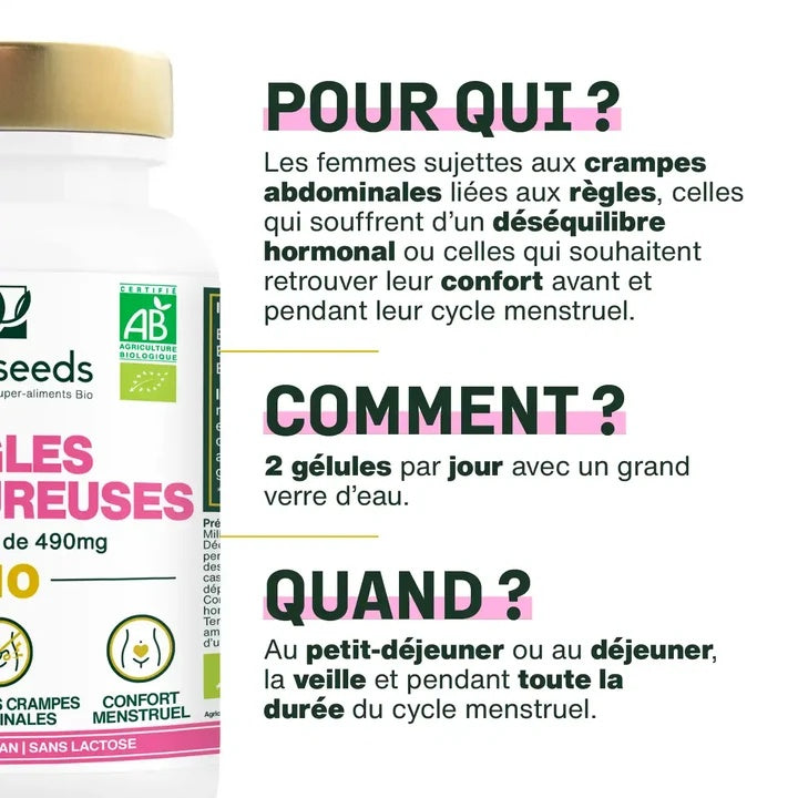 Complexe Règles Douloureuses Bio – Framboisier, Achillée Millefeuille & Gattilier – 60 gélules
