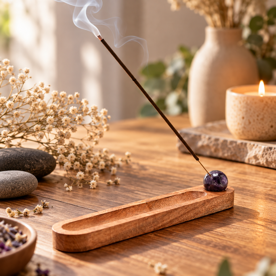 Porte-Encens en Bois Serenity – Sphère en Améthyste – 21 cm