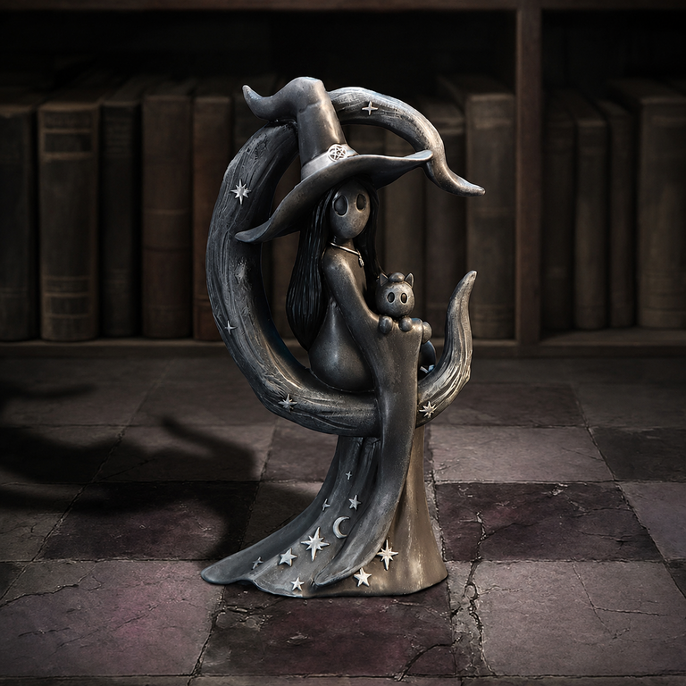 Statuette « Selene et son Familier » – Sorcière au Clair de Lune