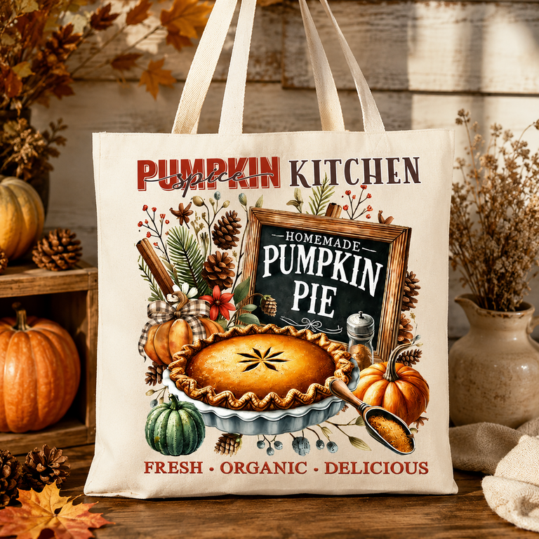 Tote Bag Pumpkin Spice Kitchen – Tarte à la Citrouille – 100 % Coton Naturel
