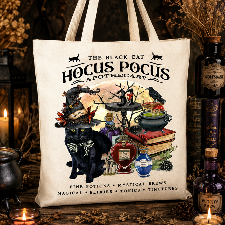 Tote Bag Hocus Pocus – Black Cat Apothecary – 100 % Coton Naturel