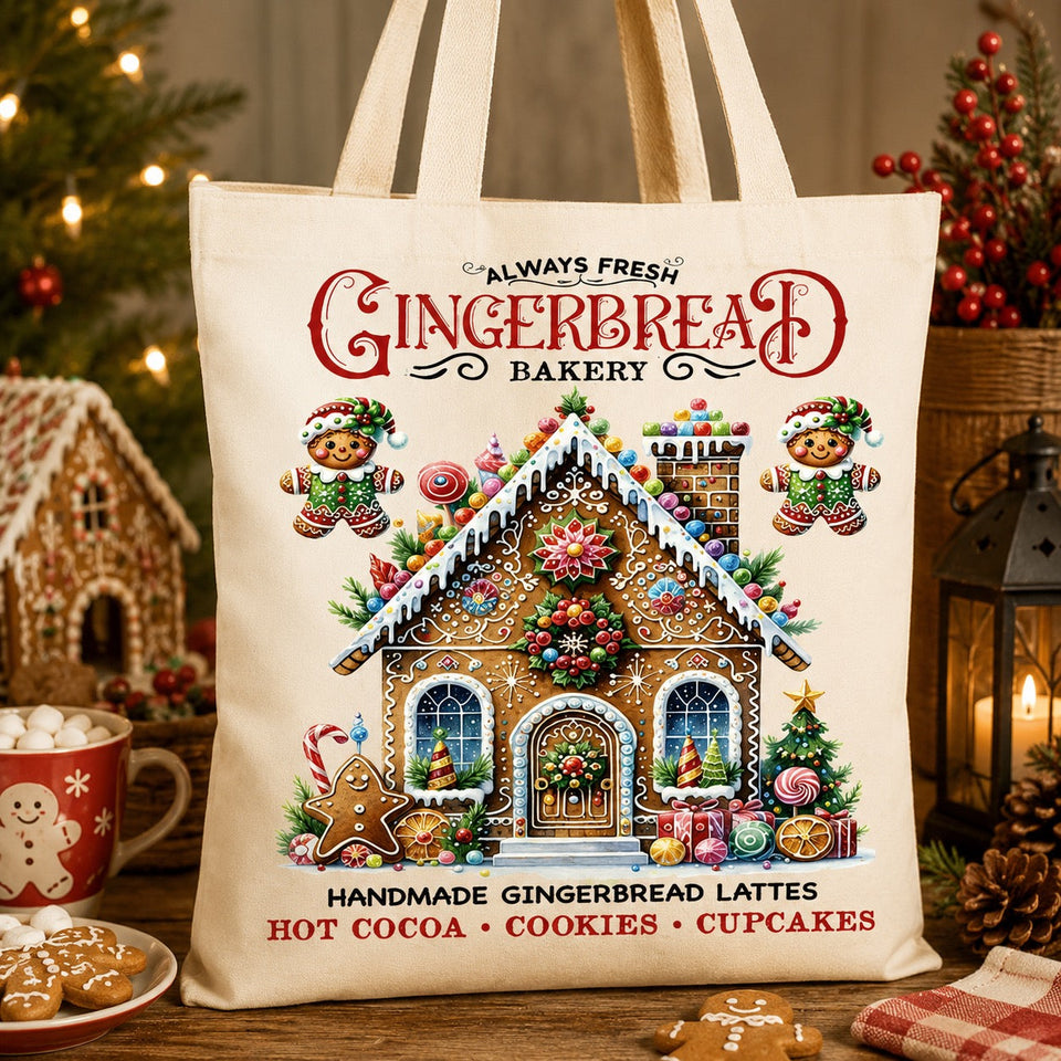 Tote Bag Gingerbread Bakery – Maison en Pain d’Épices – 100 % Coton Naturel