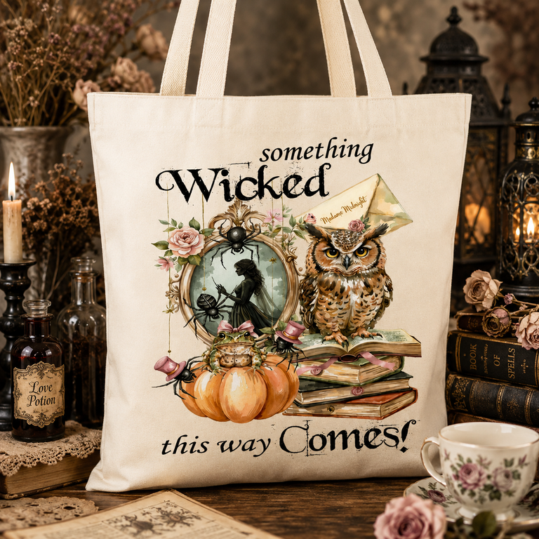 Tote Bag Something Wicked – Chouette & Sorcière – 100 % Coton Naturel